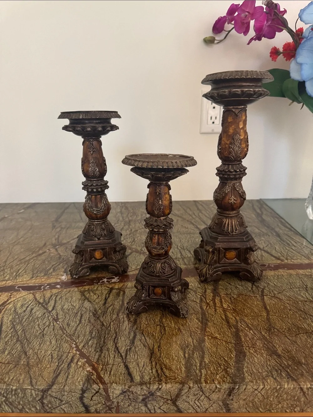 Ornate Brown Decorative Candle Holder Trio